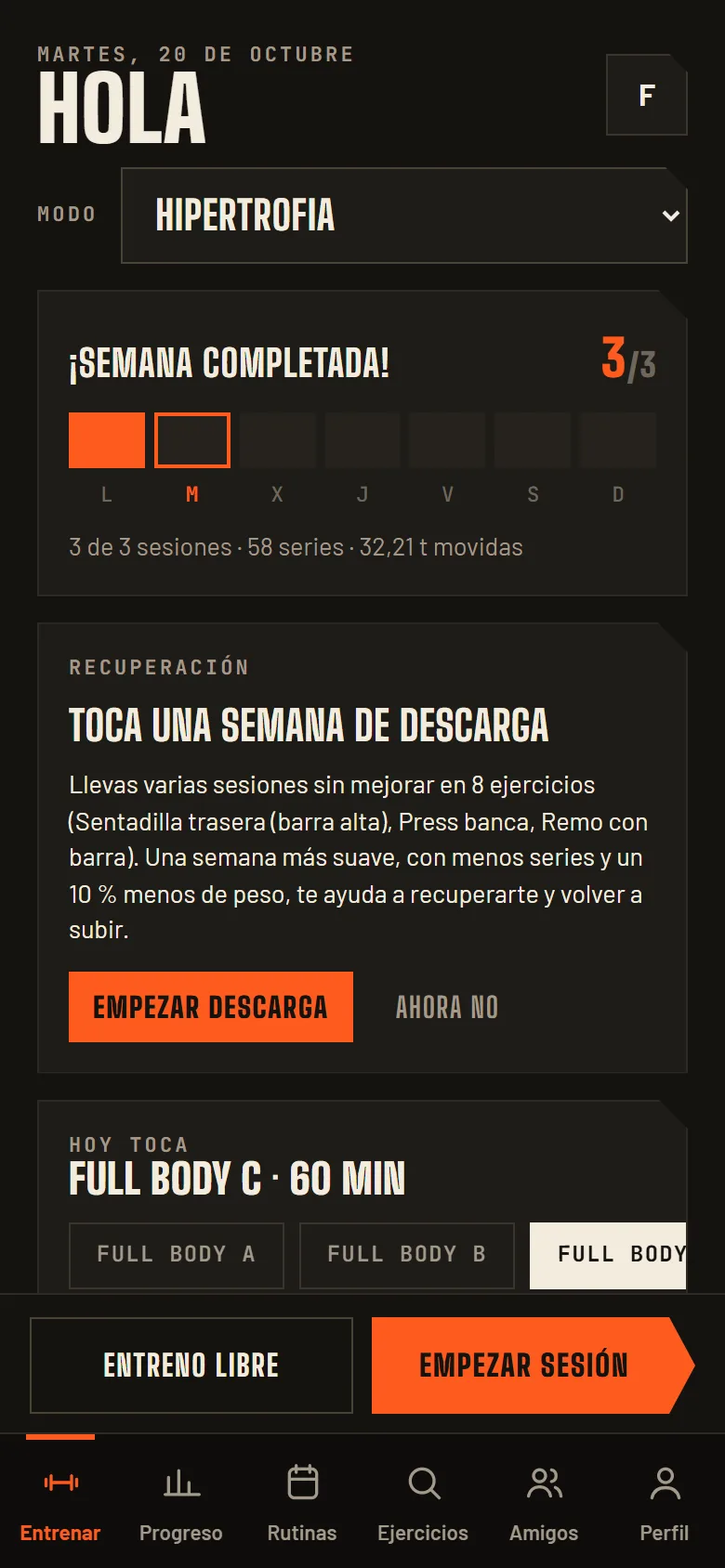 Pantalla Entrenar de Kovak: semana completada, aviso de semana de descarga y la sesión de hoy